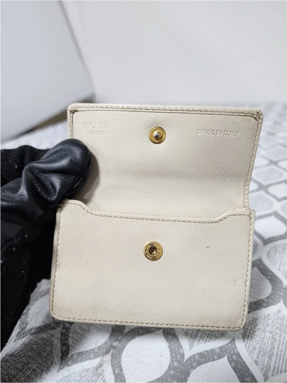 PRADA Nano Saffiano Leather Card Holder/Wallet Off-White